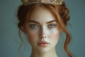 Portrait of a young queen wearing a detailed crown with striking blue eyes and elegant features photo