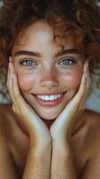 Smiling young woman with curly hair and freckles expressing joy in a natural setting photo