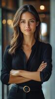 Confident woman in a modern urban setting showcasing professionalism and poise photo