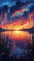 Serene sunset over tranquil lake with tall grass swaying gently in the breeze photo