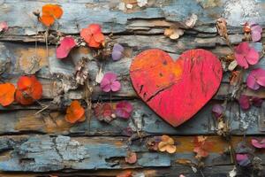 Red knitted heart on rustic wooden background evokes feelings of love and warmth photo