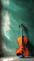 Vintage violin resting against a green wooden wall with decorative foliage photo
