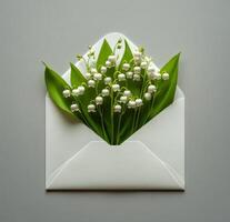 Beautiful arrangement of lily of the valley flowers in an open white envelope on a gray background photo