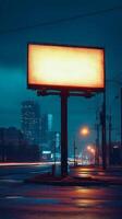 Bright billboard stands alone in a vibrant city at night with glowing lights and colorful buildings photo