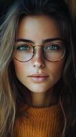 Young woman with glasses and captivating blue eyes in softly lit setting photo