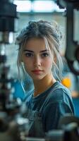Young woman focused on machinery in an industrial workshop during afternoon hours photo