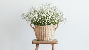 Beautiful white flowers in a woven basket on a wooden stool, perfect for home decor in a minimalist setting photo