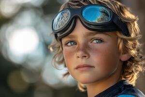 Young boy exploring nature with bright goggles looking up towards the sky in a forest photo
