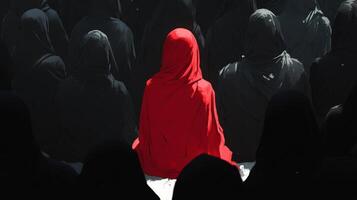 Mysterious gathering of cloaked figures with one standout in a striking red cloak photo