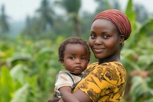 Mother holding child in rural setting with warm expressions during daytime photo