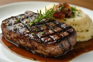 Grilled steak with herbs and sauce served on a white plate photo