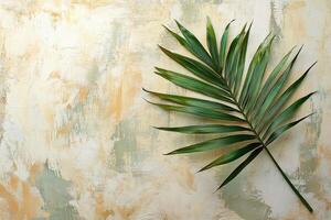 Green palm leaf placed on textured background showcasing natural beauty and simplicity photo