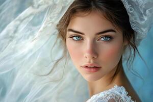 Bridal portrait of a woman with blue eyes and a delicate veil captured in soft light photo