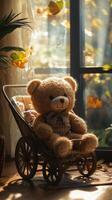 Cozy knitted teddy bears in a vintage stroller by the window on a sunny afternoon photo