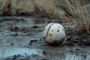 Rain-soaked baseball resting on muddy ground during a gloomy day in an empty park photo
