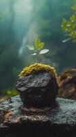 Small plant thriving on a moss-covered rock in a serene natural setting photo