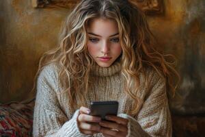Young woman in cozy sweater using smartphone in a warm, rustic setting during daytime photo