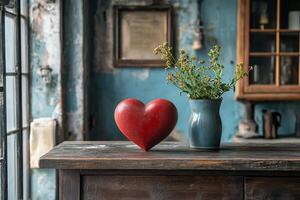 Red knitted heart on rustic wooden background evokes feelings of love and warmth photo
