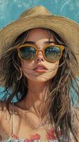 Woman wearing sunglasses and a straw hat in a natural outdoor setting on a sunny day photo