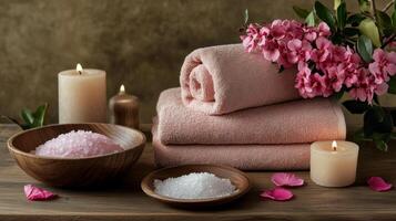 Relaxing spa setup with candles, towels, and salt on a wooden table in a tranquil setting photo