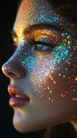 Stunning close-up of a woman with glitter makeup and radiant skin glowing in vibrant colors photo