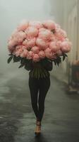 Woman walks down a foggy street carrying a large bouquet of pink peonies in late afternoon light photo