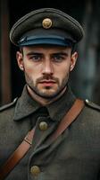 Soldier in vintage military uniform posing with serious expression in natural light photo