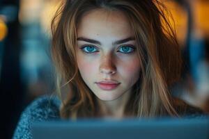 Young woman focused on reading while surrounded by warm lights in a cozy setting photo