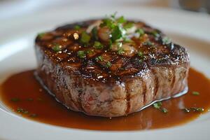 Grilled steak with herbs and sauce served on a white plate photo