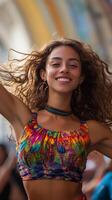 Joyful celebration of culture in vibrant outdoor setting with colorful attire and joyful expression photo