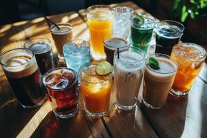 Refreshing assortment of cold beverages on a wooden table in a casual setting photo