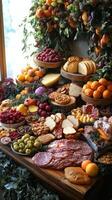 Buffet table filled with assorted food items and fresh ingredients in a cozy setting photo
