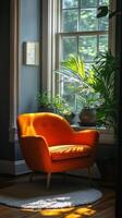 Stylish orange chair illuminated by natural light in a modern interior space photo