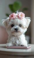 Cute small dog with pink bow headband posing indoors on a blue blanket photo