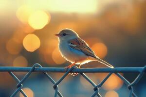 Bird resting on a fence surrounded by flowers during golden hour in a peaceful garden photo