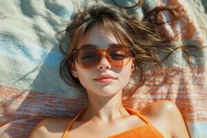 Young woman relaxing on a beach towel under the sun with sunglasses on a warm summer day photo