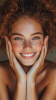 Smiling young woman with curly hair and freckles expressing joy in a natural setting photo