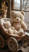 Cozy knitted teddy bears in a vintage stroller by the window on a sunny afternoon photo