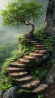 Steps leading to a solitary tree amidst misty surroundings in a serene landscape photo