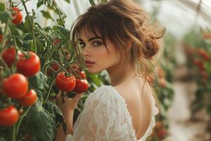 Young woman in a greenhouse surrounded by ripe tomatoes during daylight hours photo