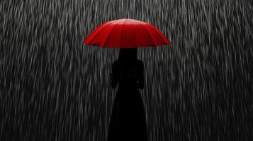 Woman holding a red umbrella in the rain during a nighttime setting photo
