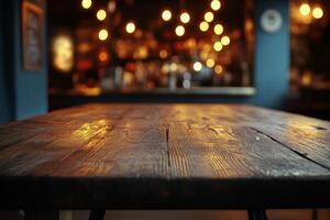 Sunset light illuminating wooden table in cozy indoor setting with plants and distant city view photo