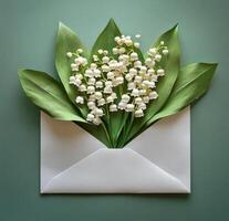 Beautiful arrangement of lily of the valley flowers in an open white envelope on a gray background photo