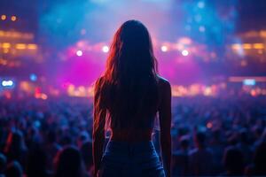Crowd appreciation at a vibrant concert with engaged audience in the foreground photo