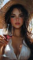 Young woman holding a glass of red wine while wearing a straw hat in a warm setting photo