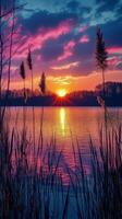 Serene sunset over tranquil lake with tall grass swaying gently in the breeze photo