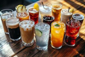 Refreshing assortment of cold beverages on a wooden table in a casual setting photo