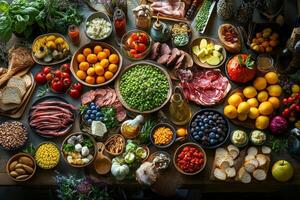 Vibrant assortment of fresh foods displayed on wooden table at local gathering during daylight hours photo