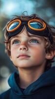 Young boy with goggles posing outdoors on a sunny day in a natural setting photo