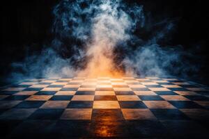 Chess pieces crowned by fog create a dramatic atmosphere in monochrome setting photo